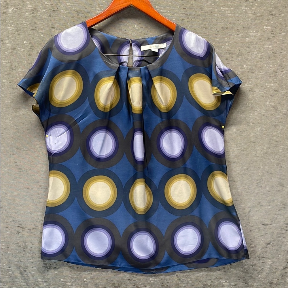 Boden Purple and Yellow silk Tie Front Cap Sleeve Blouse